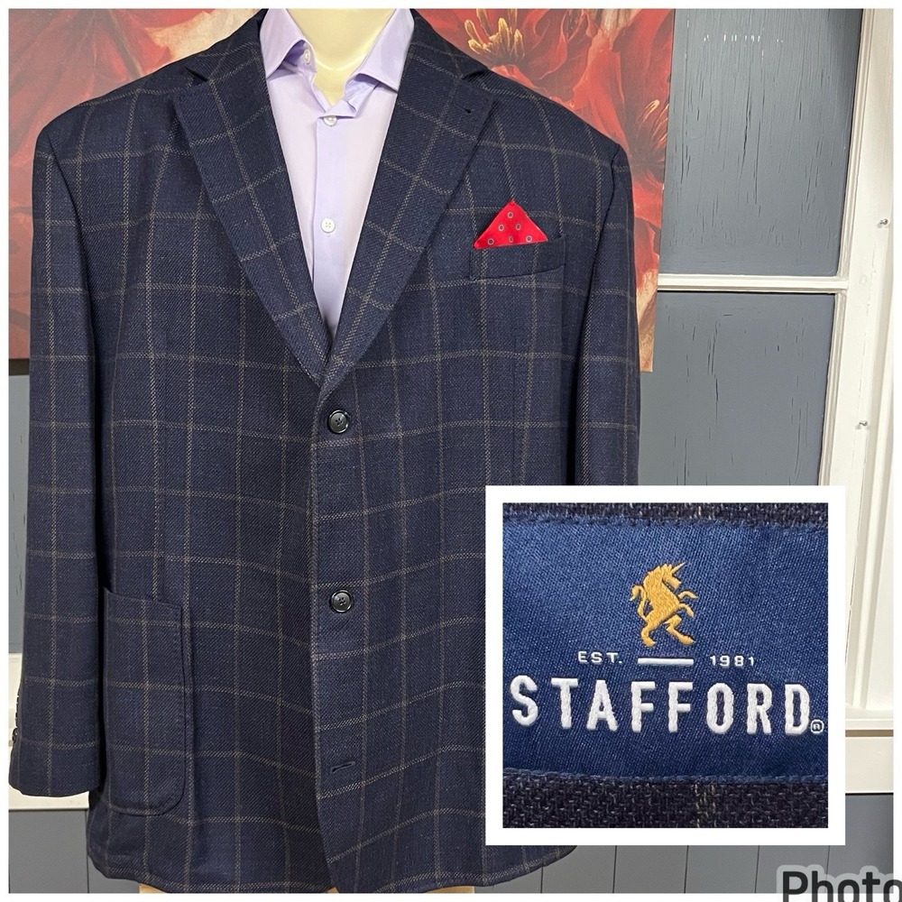 Stafford Hopsack Blazer Sport Coat Mens 52R Wool Cotton Navy/Brown 3-Button